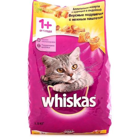 whiskas корм для кошек подушечки с паштетом курица,индейка 1,9кг