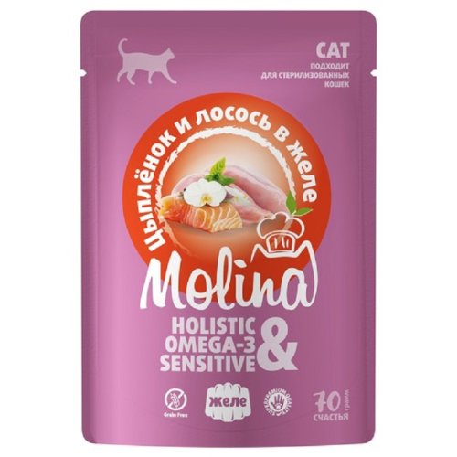 molina корм влажный для взрослых кошек цыпленок и лосось в желе, пауч 70г