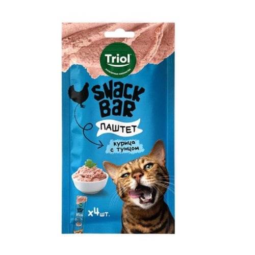 лакомство для кошек snack bar паштет из курицы с тунцом, 40г, triol