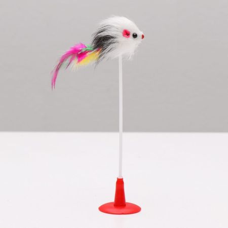 игрушка-дразнилка  "мышь на присоске" искусственный мех с перьями 20см микс цветов, пижон