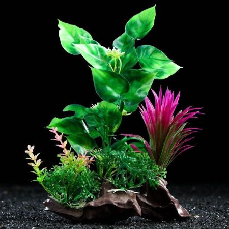 растение искусственное аквариумное на платформе в виде коряги 18см, зелёно-розовое, пижон аква 