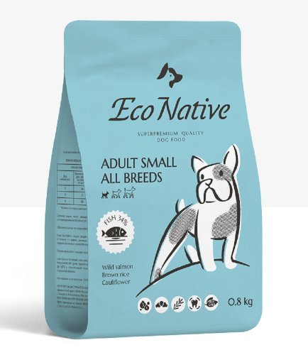 корм собак мелких пород рыба с бурым рисом и цветной капустой 0,8кг eco native (16)