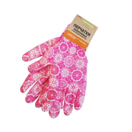 Перчатки нейлон облив нитрил, с принтом розовая геометрия, с этикеткой-подвеской, Praktische Home
