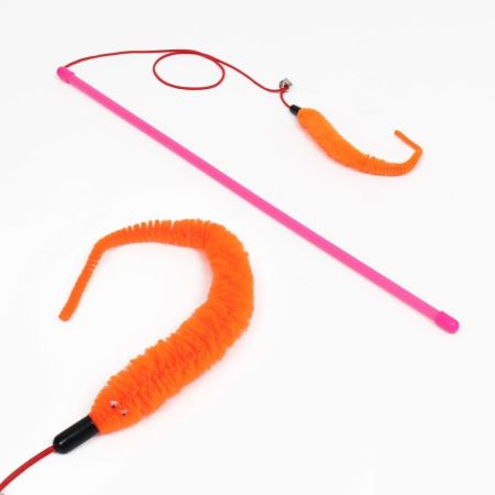 игрушка дразнилка-удочка "змейка" с бубенчиком, оранжевая на розовой ручке, пижон