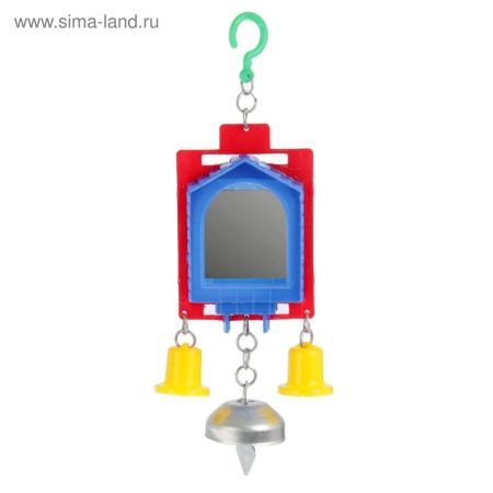 игрушка для птиц зеркало двойное с металлическим и пластиковыми колокольчиками №2 микс, бриллиант