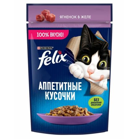 purina felix аппетитные кусочки корм влажный для кошек ягненок желе, пауч 75г