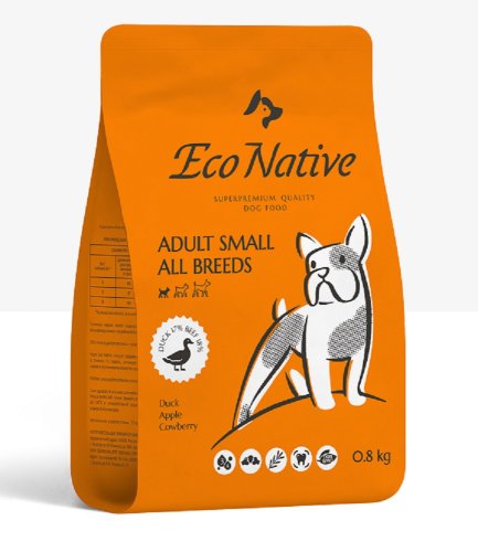 корм для собак мелких пород утка с яблоками и брусникой 0,8кг eco native (16) 