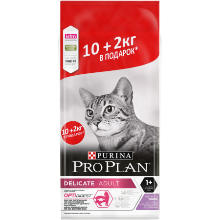 purina pro plan корм для кошек с чувствительным пищеварением индейка 12кг (10+2кг)