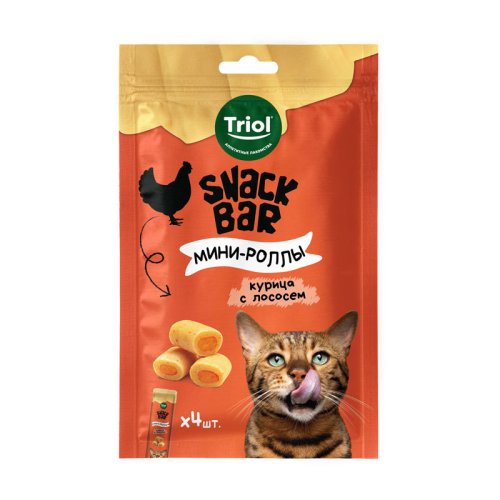 лакомство для кошек snack bar мини-роллы с начинкой из курицы с лососем, 40г, triol